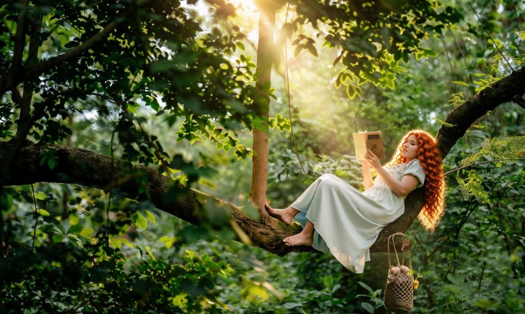 Eine rothaarige Frau in einem weißen Kleid liest entspannt ein Buch, während sie auf einem dickeren Baumast in einem grünen Wald sitzt, umgeben von Blättern und Sonnenlicht.